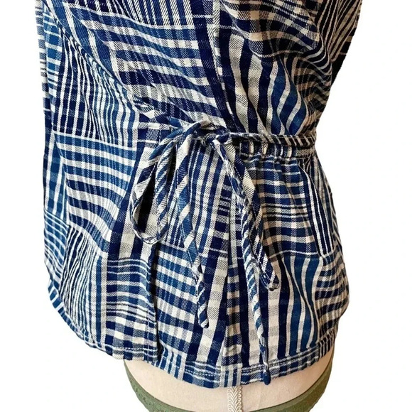J.Crew Puff Sleeve Wrap Top Indigo Plaid Patchwork Cotton Blouse Size XS - Picture 10 of 15